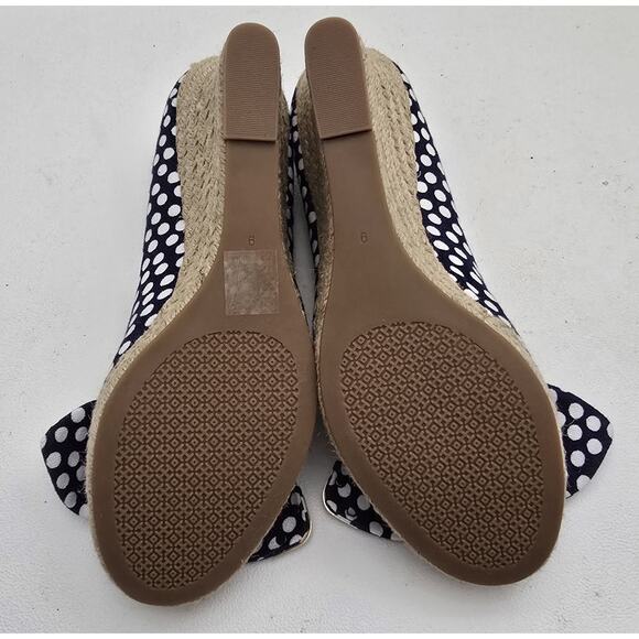 Tory Burch Dory Navy/White Polka Dot Wedge Espadrille Women's Bow Peep Toe Sz 9 - Picture 9 of 10